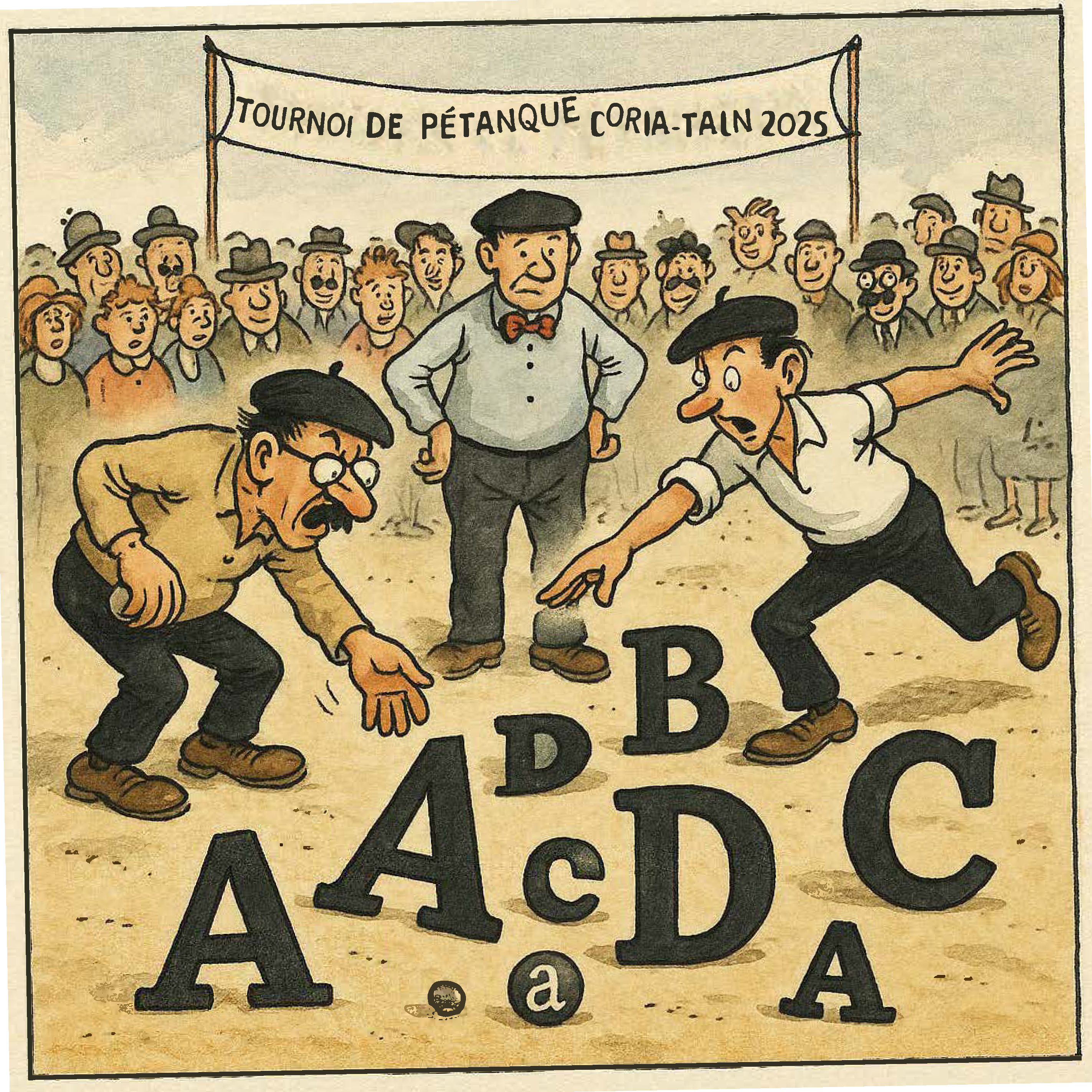 Image générée par ChatGPT4O avec le prompt: faire un dessin, dans le style d'Albert Dubout, d'un tournoi de pétanque où les boules sont remplacées par des lettres.
